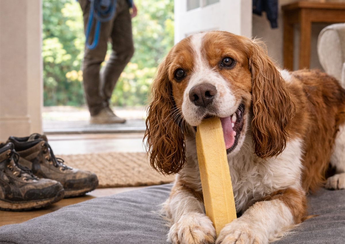 Spaniel gryzie serek himalajski w domu