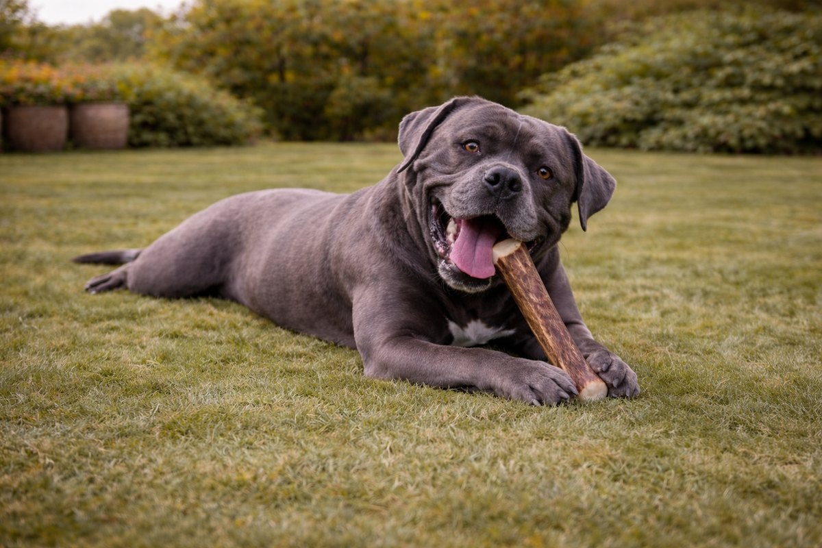 Cane Corso z porozem Wildeers w ogrodzie